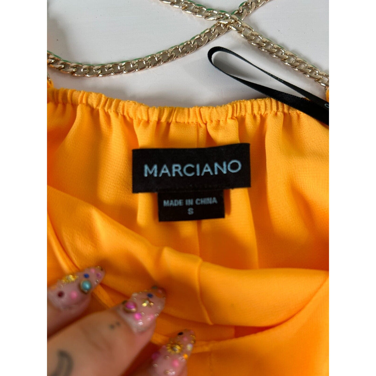 Marciano Yellow Semi-Sheer Tiered Ruffle Round Neck Gold Chain Straps Blouse S