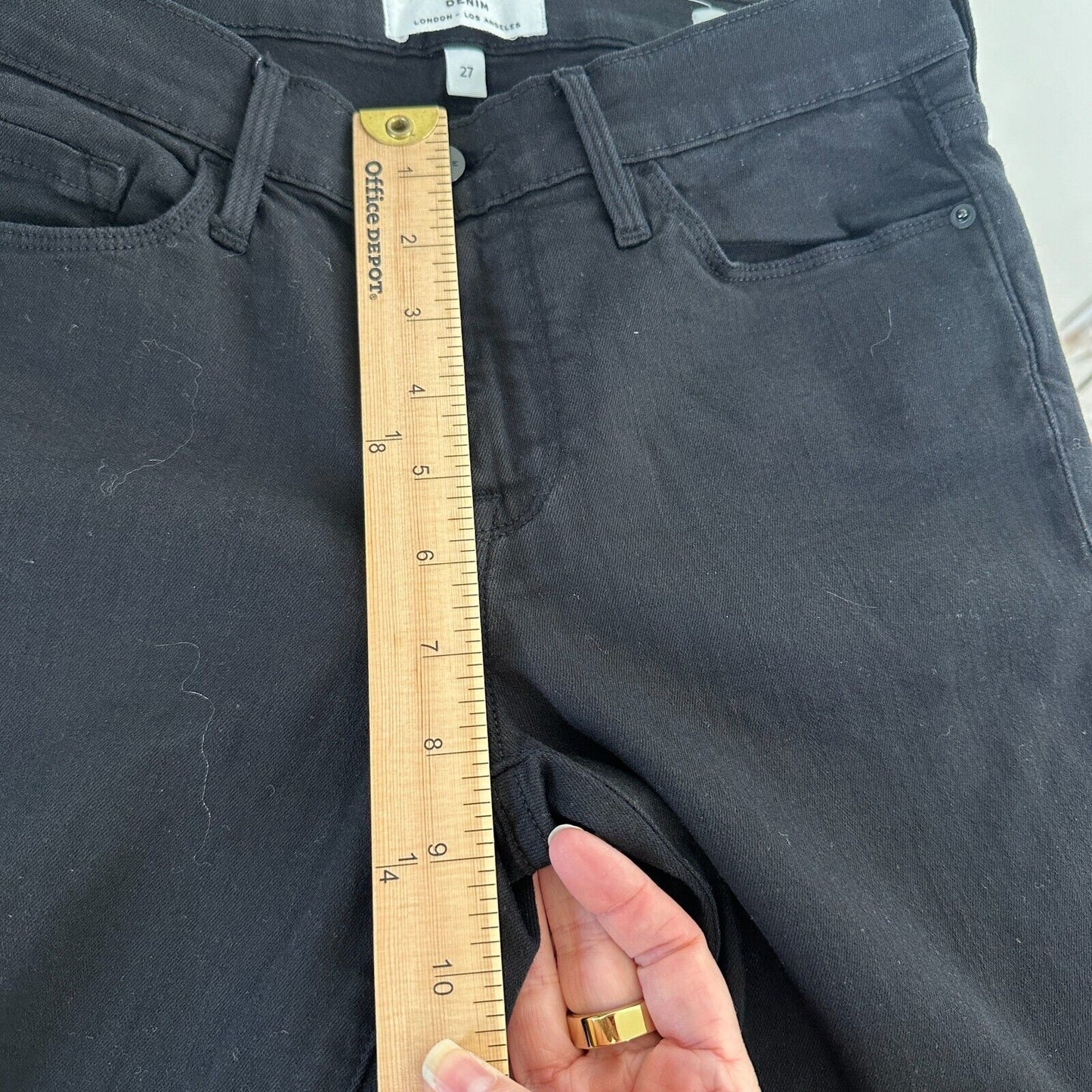 Frame Jet Black Denim Le Skinny de Jeanne Distressed Jean Mid-Rise Raw Hem 27