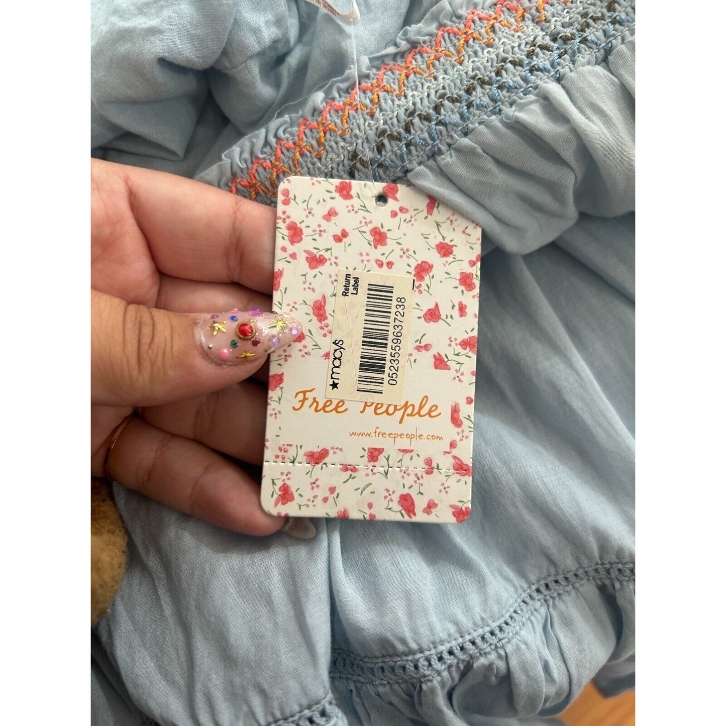 Free People Baby Blue Smocked Off Shoulder Embroidered Tiered Ruffle Mini Dress