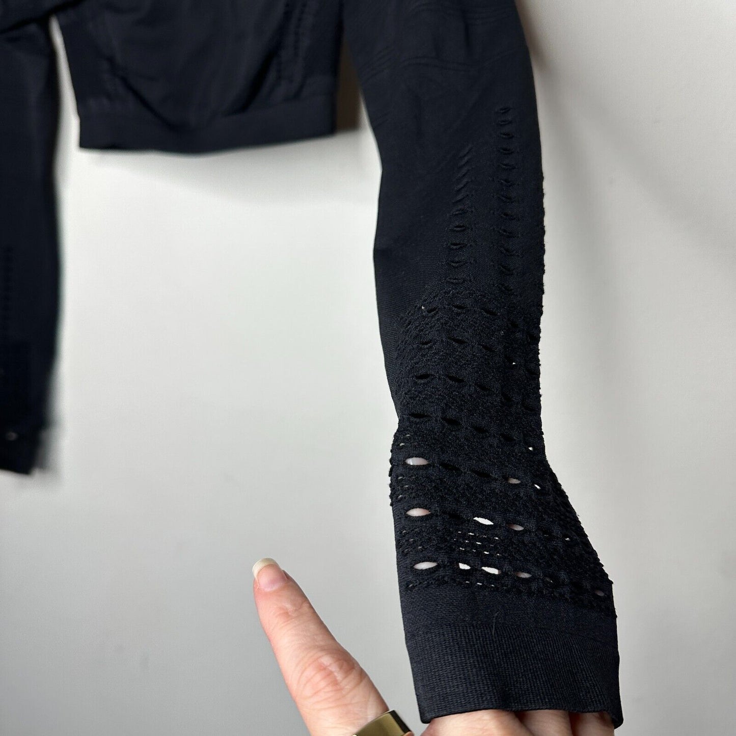 Jet Black Cropped Stretch Workout Top Long Sleeve Thumbholes Laser Cut Design SM