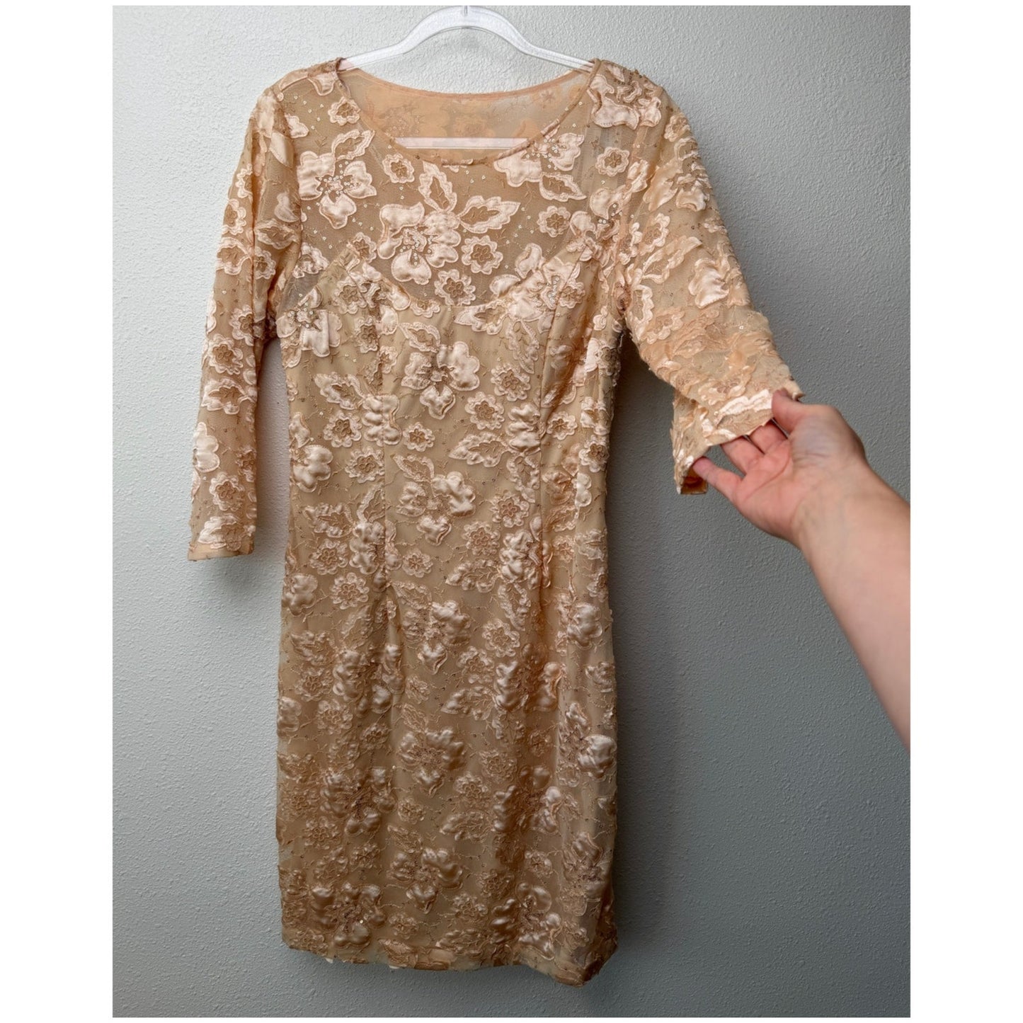 NWT Sue Wong Copper Lace Sheer Mesh Dress 3/4 Sleeve Floral Satin Size 14