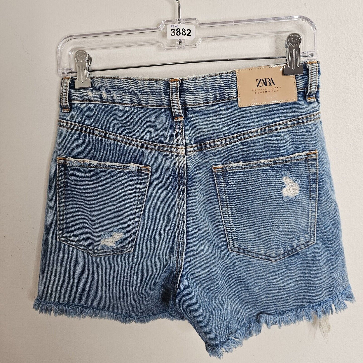 Zara High Waist Medium Wash Extreme Distressing Raw Hem Denim Jean Shorts 4