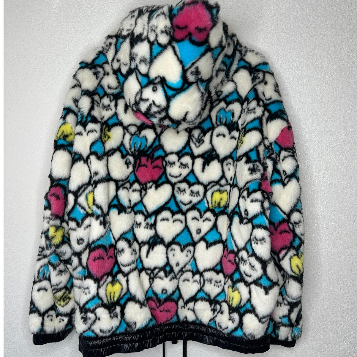 Moncler Grenoble White Heart Print Faux Fur Fuzzy Oversized Hoodie Jacket Large