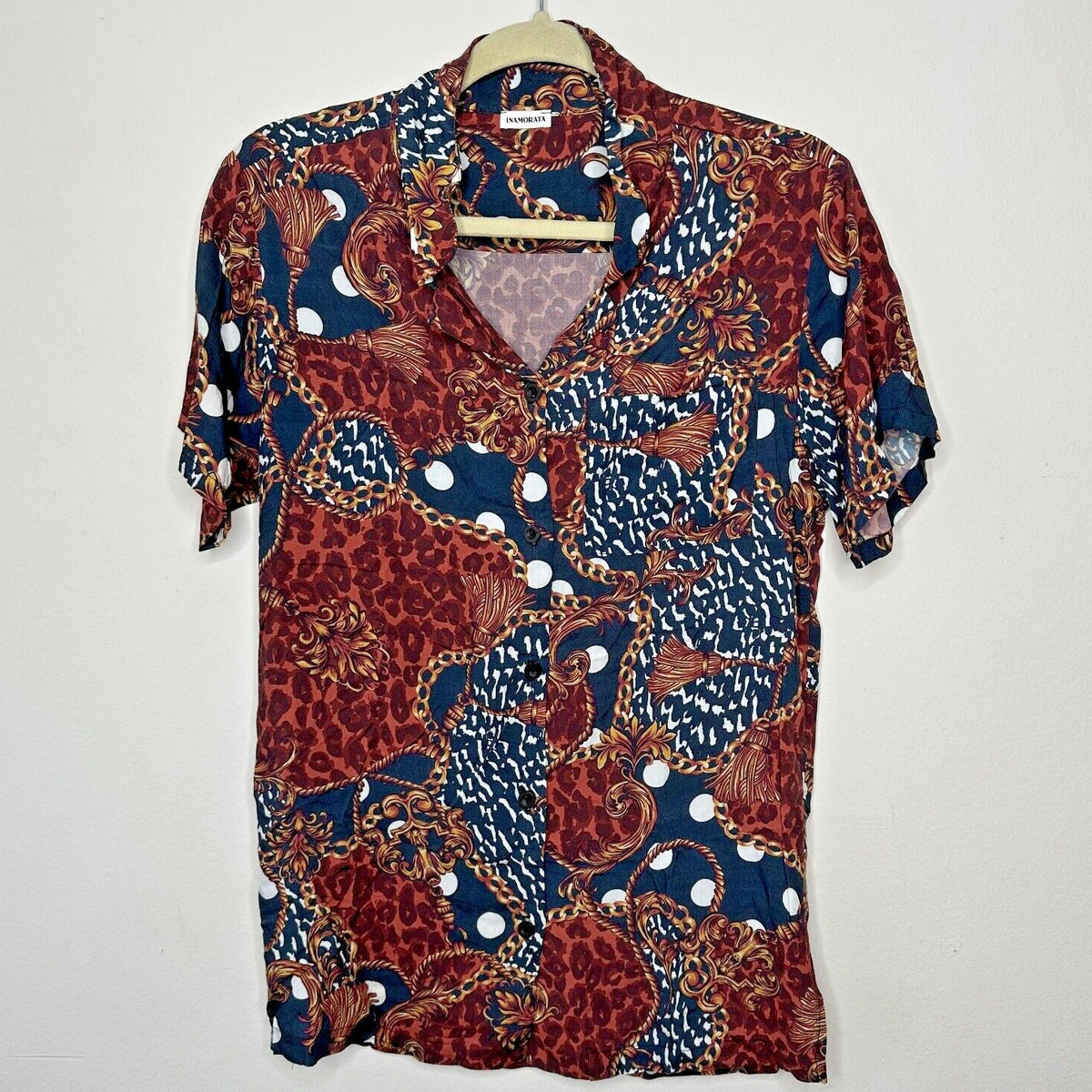 Inamorata Burgundy Leopard-Link Short Sleeve Button Down El Camino Shirt XS / S