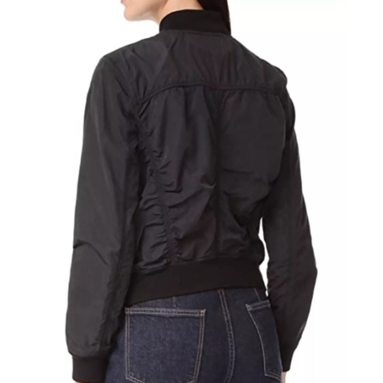 Vince Black Ruched Bomber Style Zip Jacket With Pockets Small