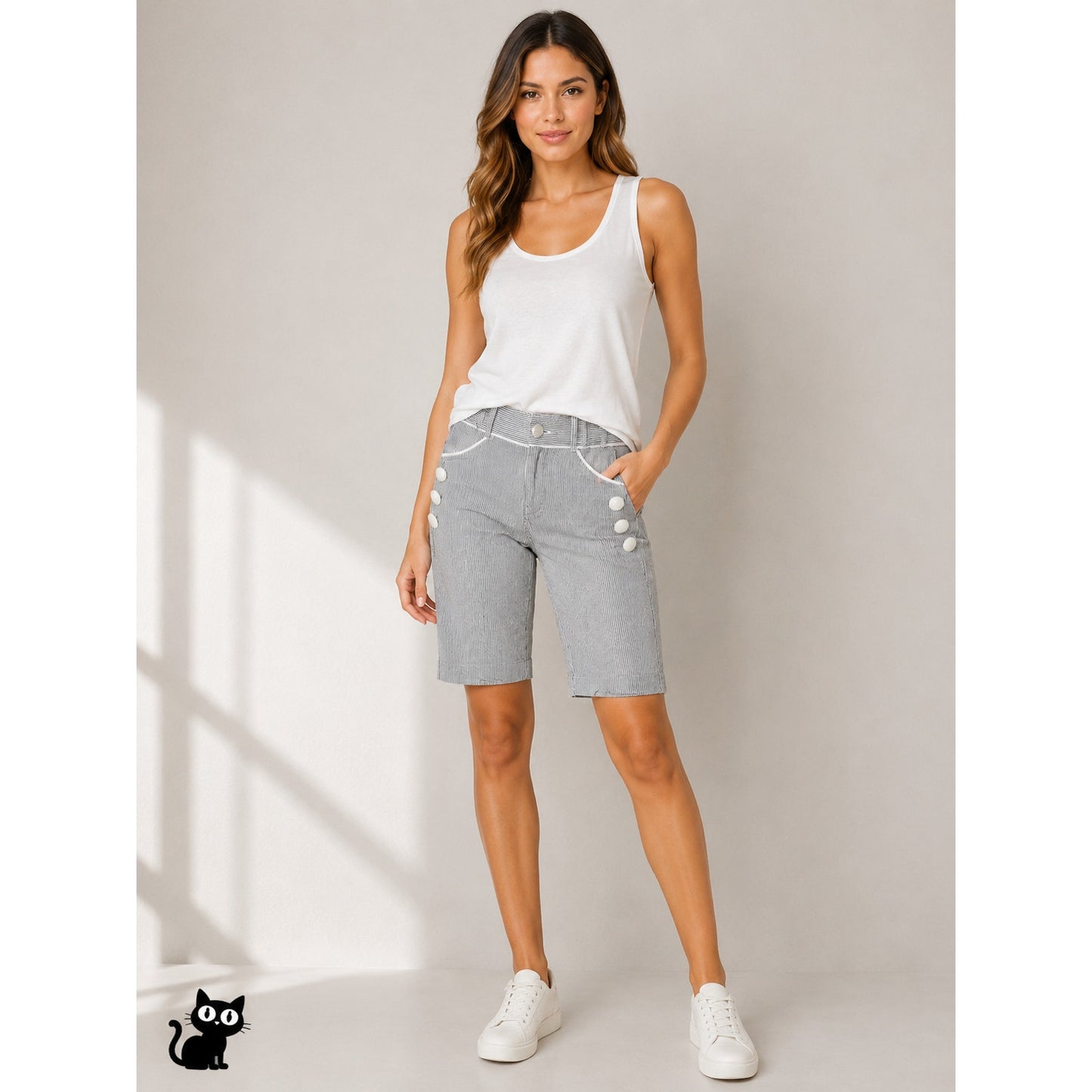 Pixxi Gray & White Striped Bermuda Shorts White Trim & Button Detail M