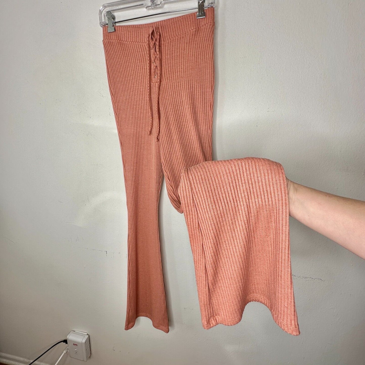 NWT Topshop Comfy Peach Ribbed Knit Flare Leg Lace-Up Front Tie Legging Pant 6