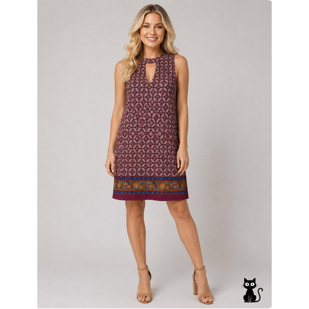 NWT Soprano Wine Paisley Print Multi Floral V-Neck Key Hole Sleeveless Dress XS