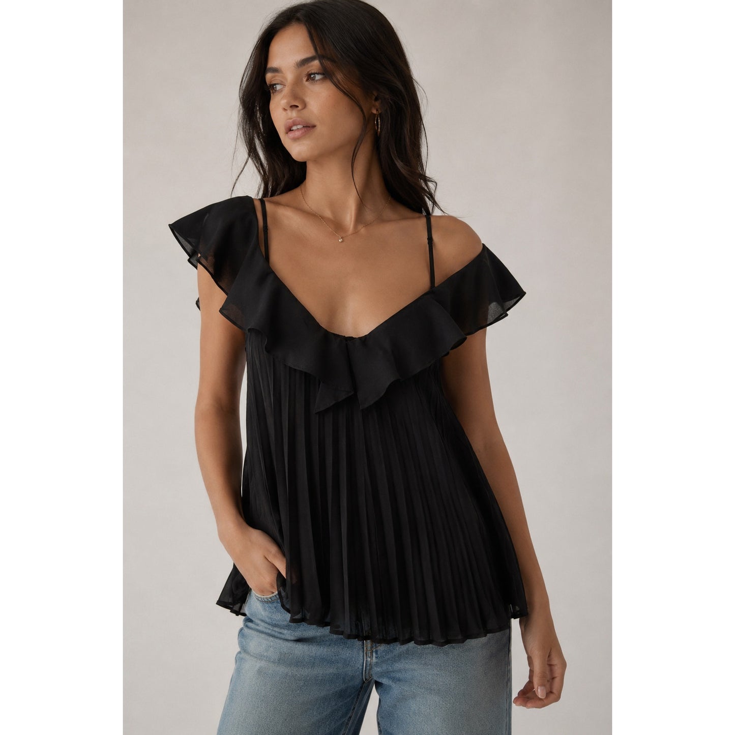 Delfi Black Pleated Accordion Ruffle Flowy Back Keyhole Cami S