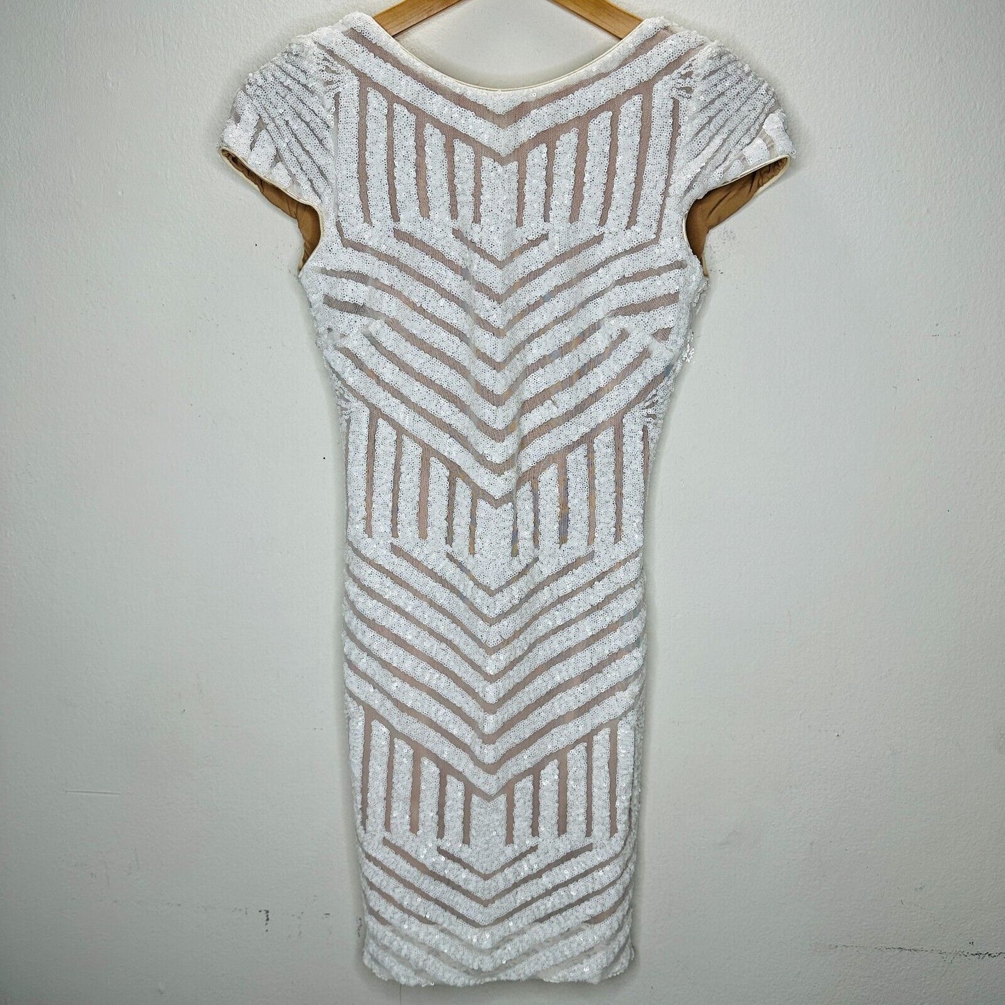 NWT Dress The Population White & Nude Sequin Aztec Print Open Back Cap Sleeve S