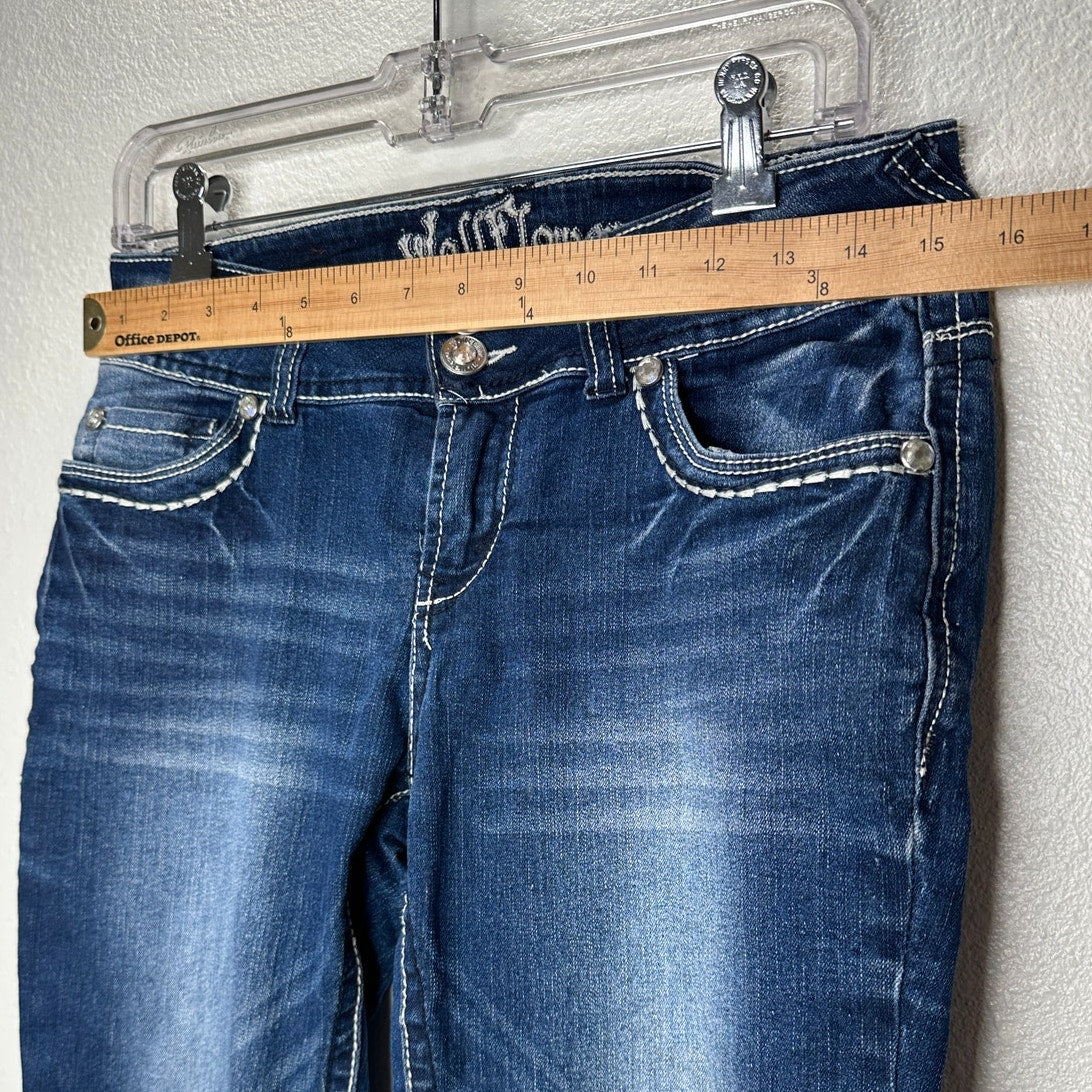Wallflower Dark Blue Wash Low Rise Whiskered Embroidered Crop Jean 28