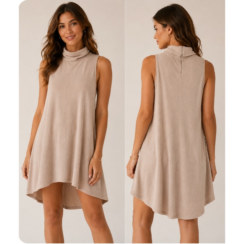 Hyfve Soft Cream Mock Neck Sleeveless Rib Knit Faux Asymmetrical Back Zip Dress
