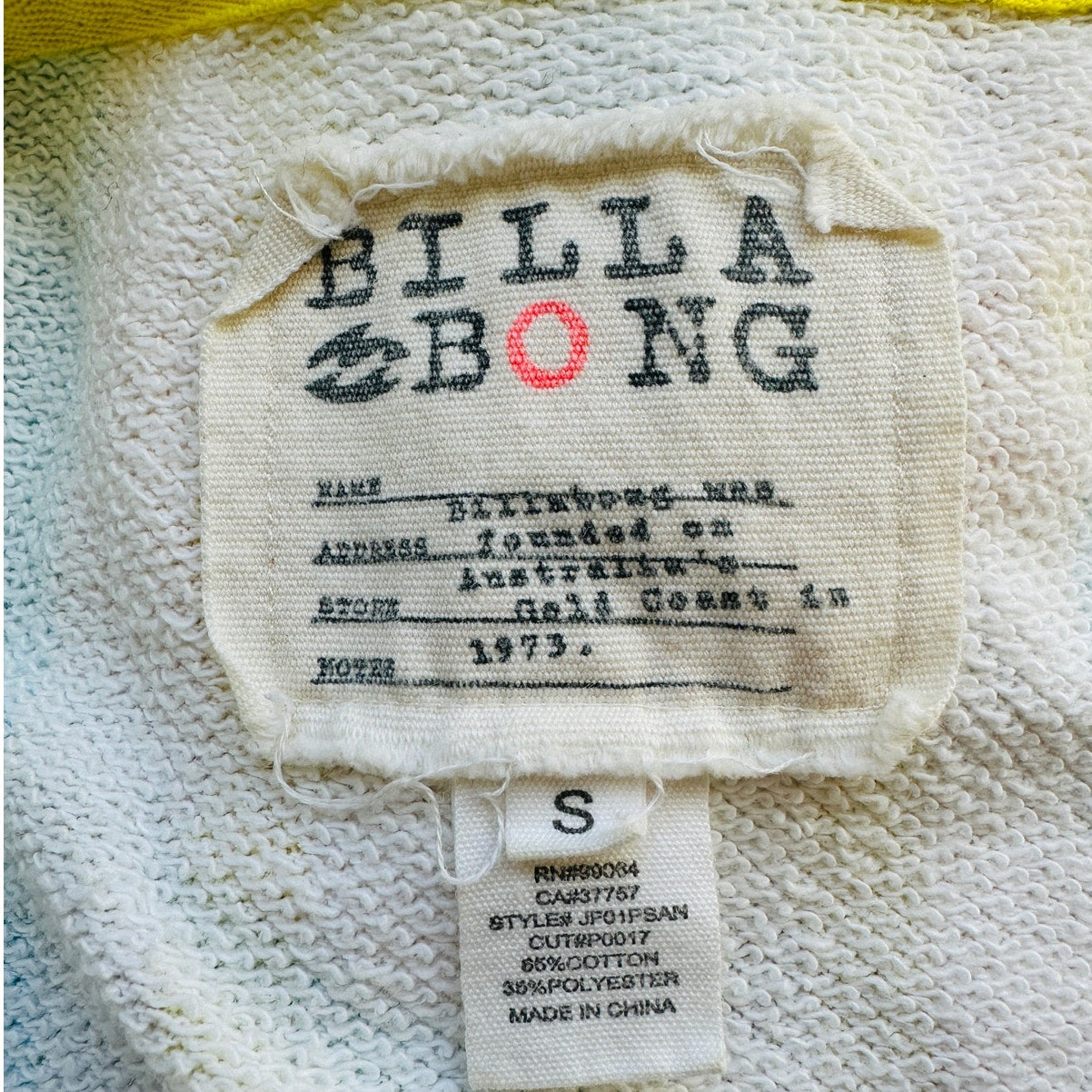 Billabong White Blue Yellow Batwing Front Zip Raw Hem Hooded Sweater S