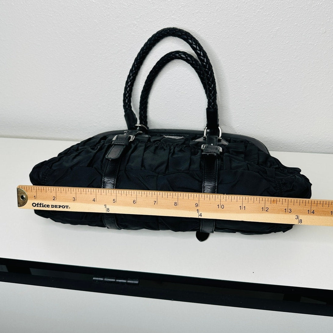 Prada Vintage 90s Black Nylon & Leather Buckle Braided Handle Purse