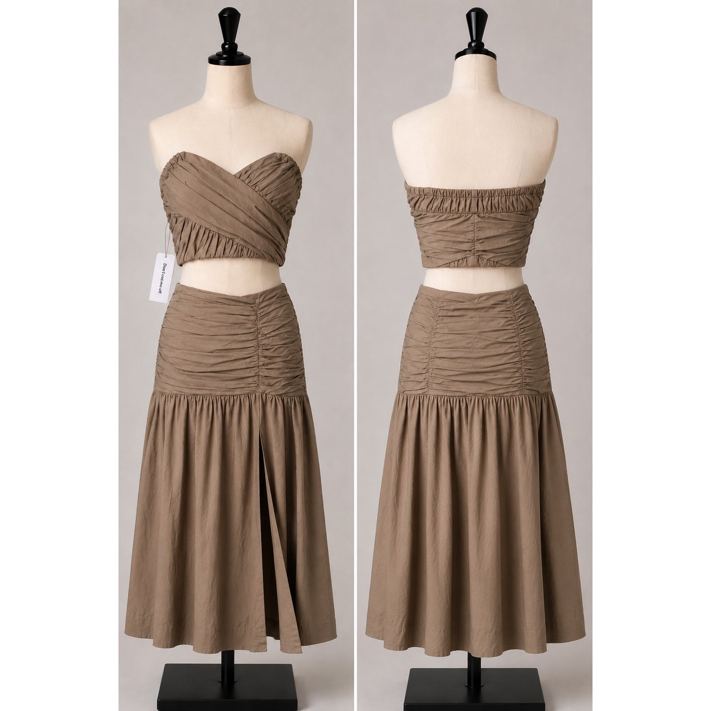 NWT BEC + BRIDGE 2-Piece Mocha Sweetheart Neck Bandeau & Pleat Gathered Skirt 2