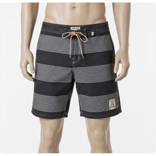 3rd & Army Mens Black & White Stripe Tie Waist Back Button Pocket Board Short 30