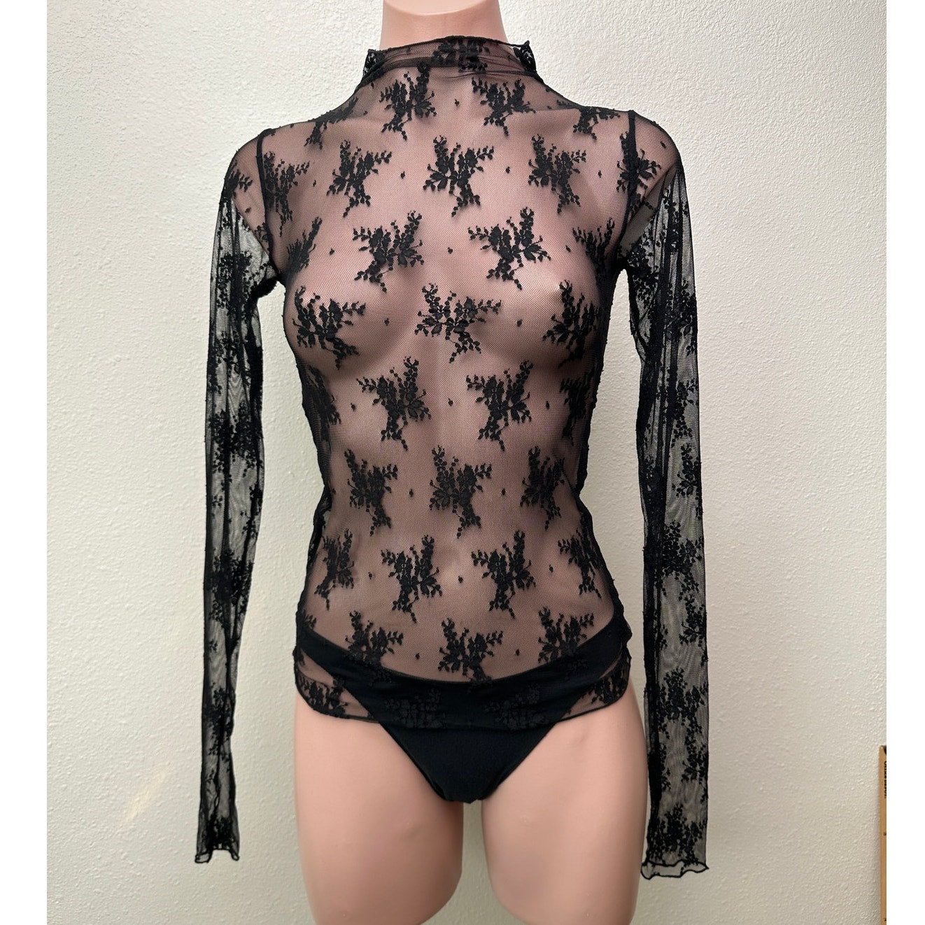 Free People Lady Lux Black Sheer Lace Floral Top XS