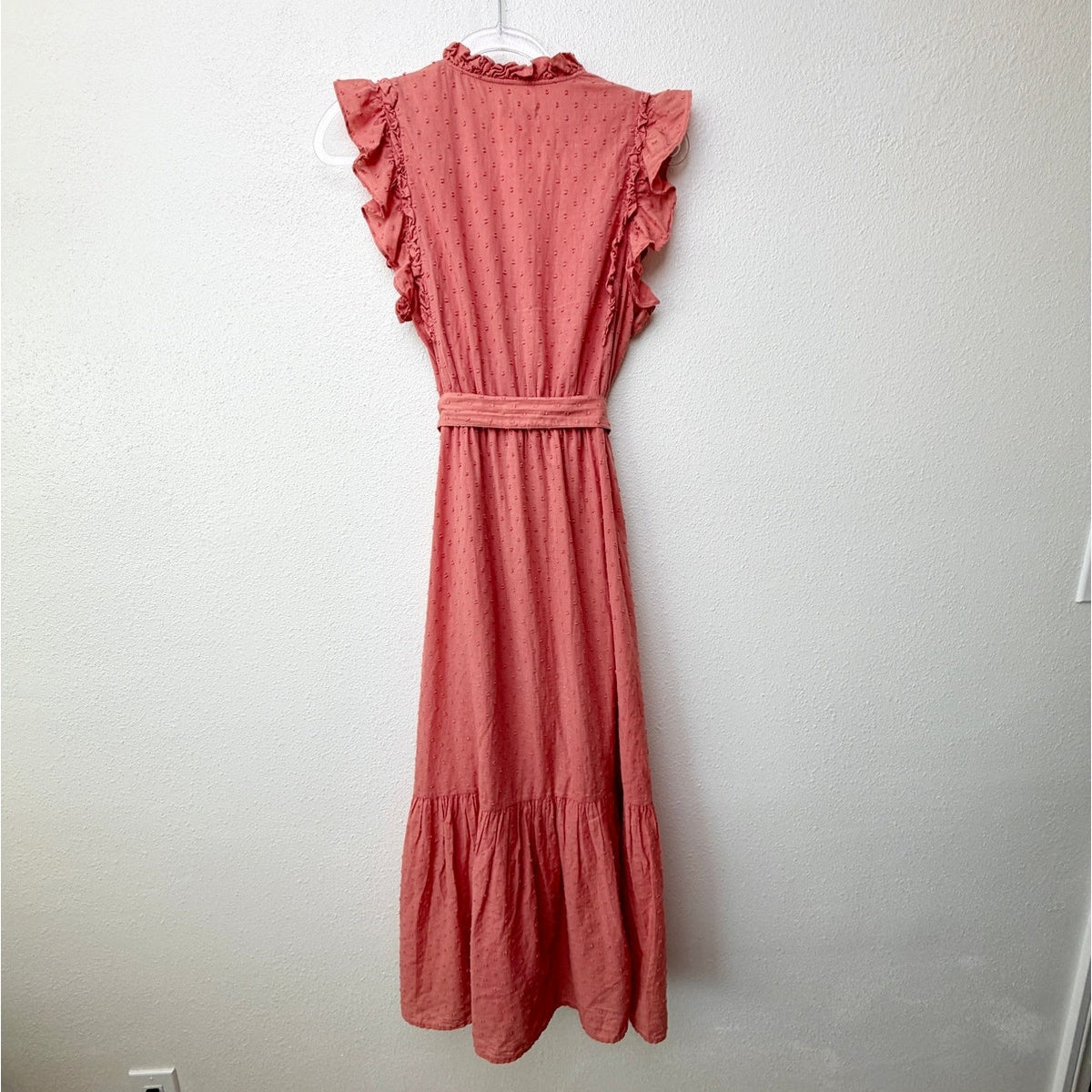 Outerknown Canyon Ruffle Maxi Dress Coral Swiss Dot Cotton Women's US XS