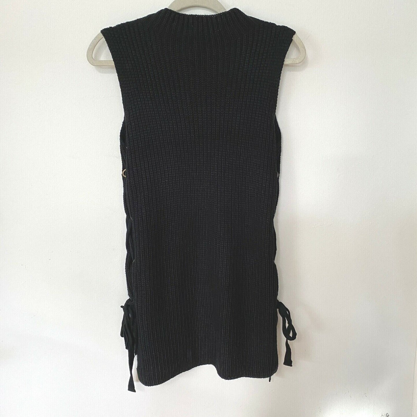 Monteau Black Sleeveless Ribbed Sweater Mini Dress Side Grommet Tie-Lace Up S