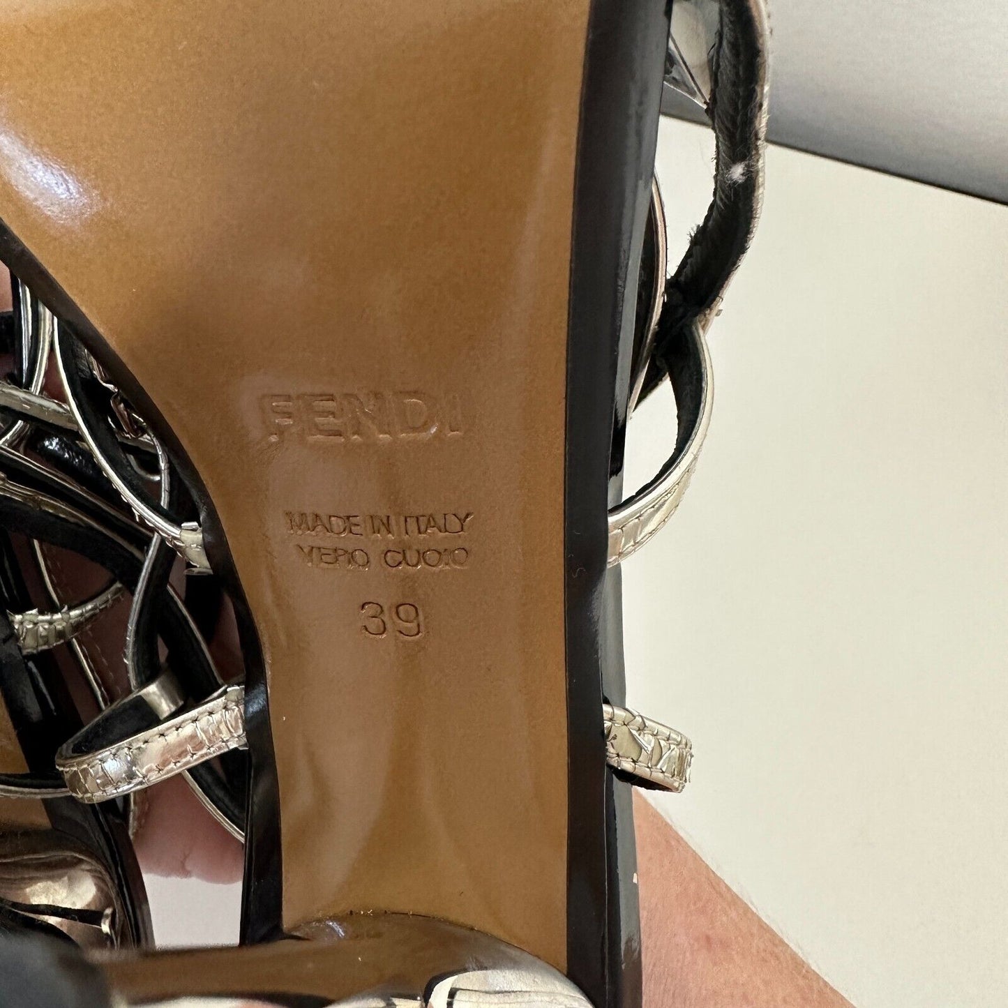 Fendi Cute Black Silver Iridia PVC Buckle Pyramid Metallic Strap Sandals 39