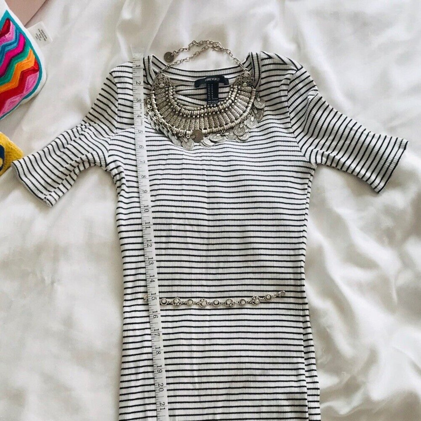 Forever 21 White & Black Striped Stretchy Short Sleeve T Shirt Bodycon Dress M