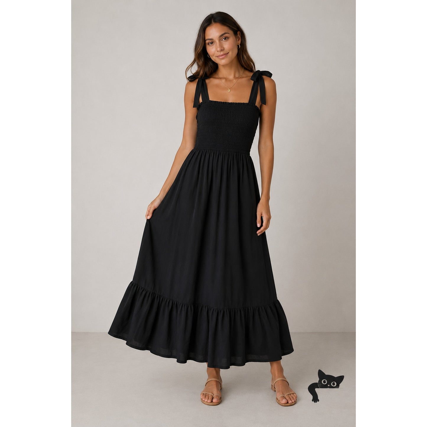 Zesica Women’s Black Tie-Strap Smocked Maxi Dress US S