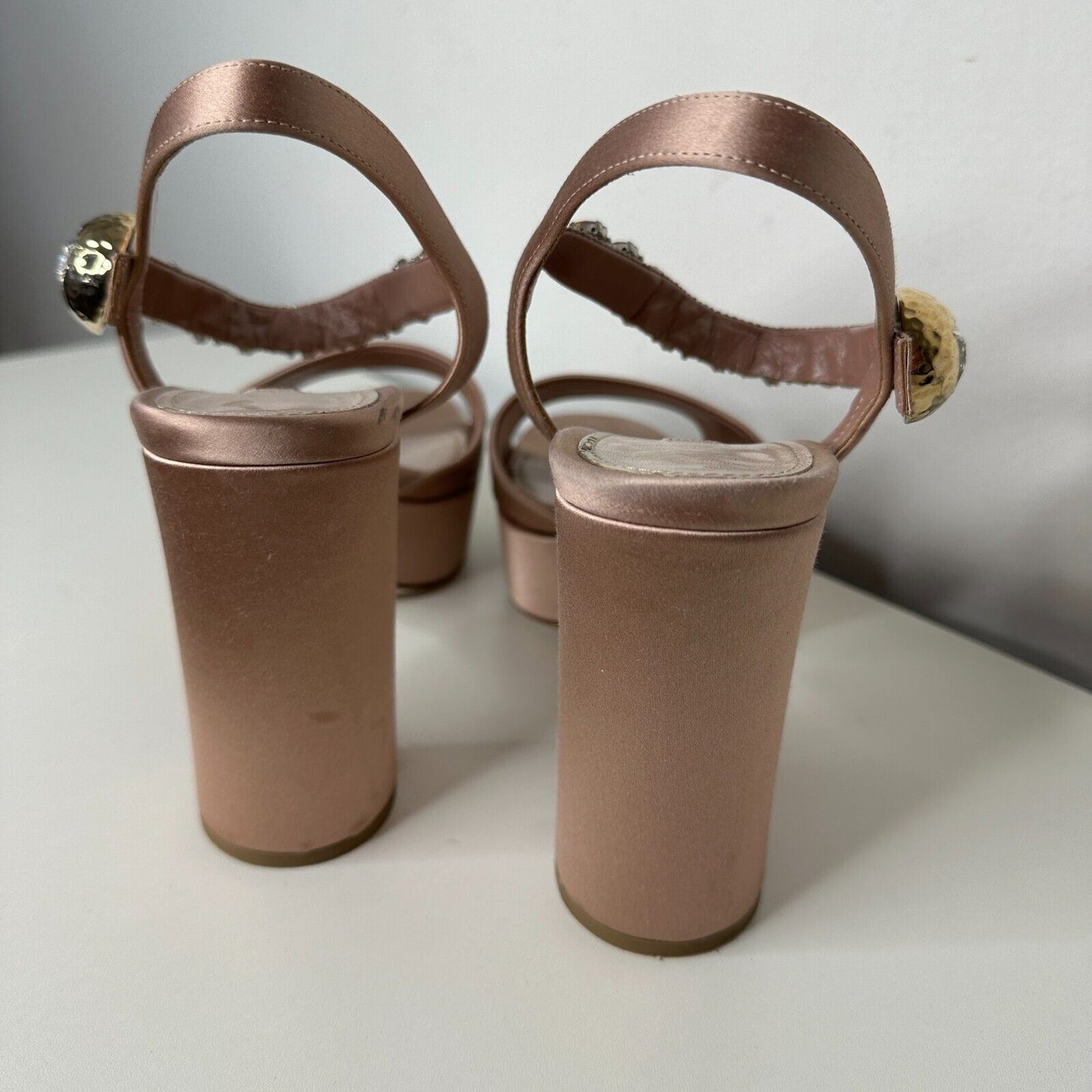 Miu Miu Nude Calzature Donna Satin Crystal Ankle Strap Platform Block Heels 10.5