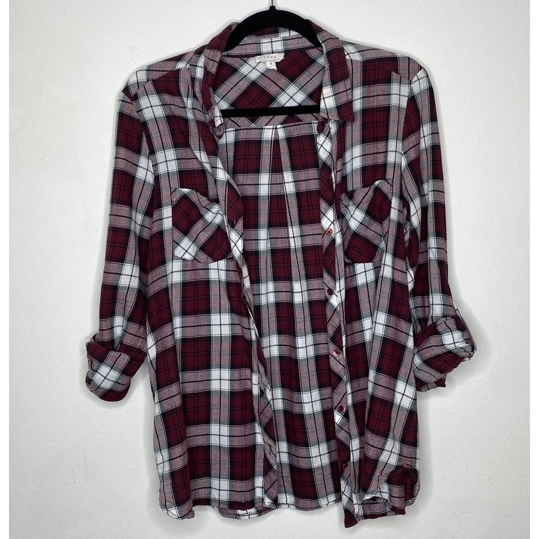 Soft Joie Plaid Button Up Shirt Burgundy Eggplant Roll Tab Sleeve Small