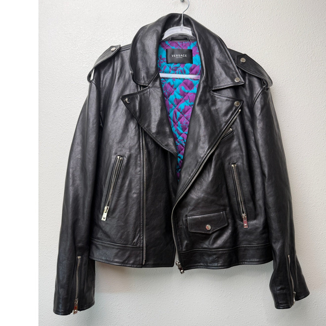 Versace Black Leather Moto Biker Jacket Men L