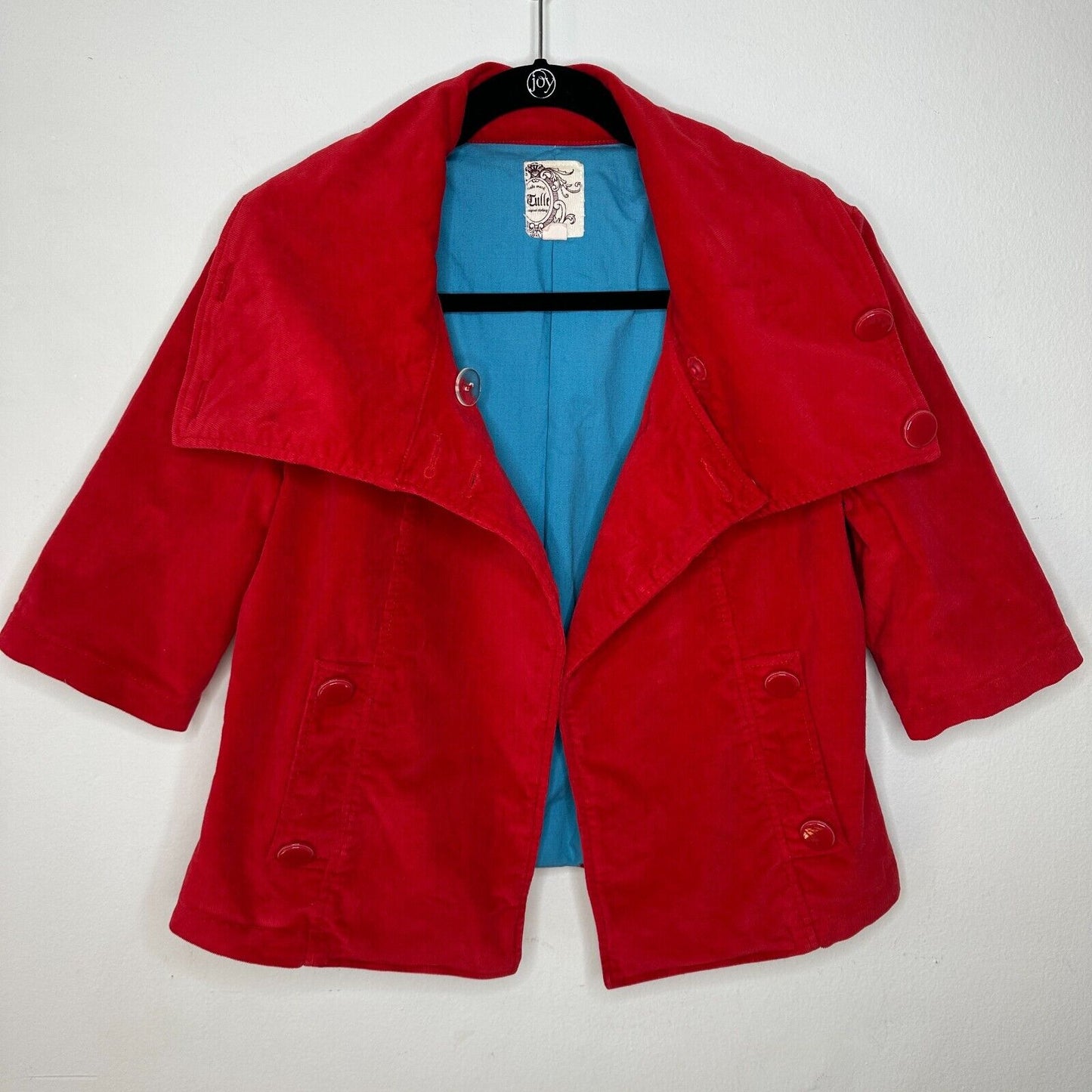Tulle Red Corduroy Turquoise Lined Foldover Collar Jacket 3/4 Sleeves S