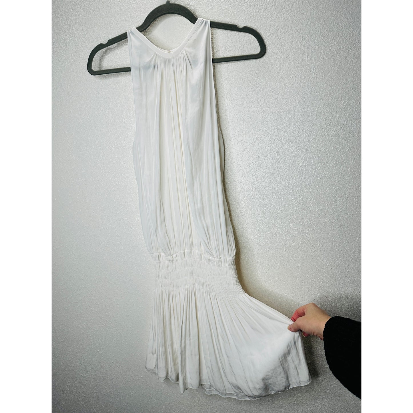 Ramy Brook White Paris Sleeveless High Neck Ruched Smocked Waist Mini Dress S