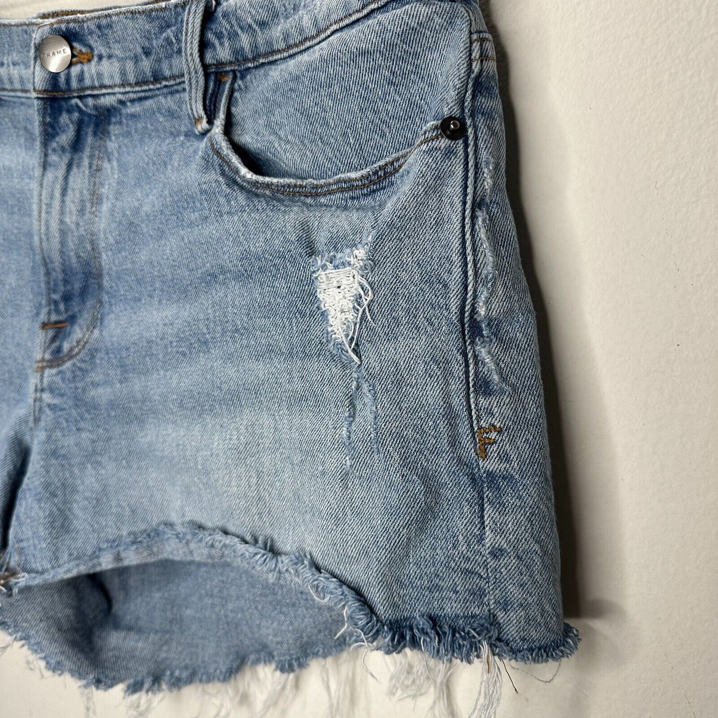 Frame Light Blue Medium Wash Kerouc Le Cutoff Raw Hem Front Zip Jean Shorts 31