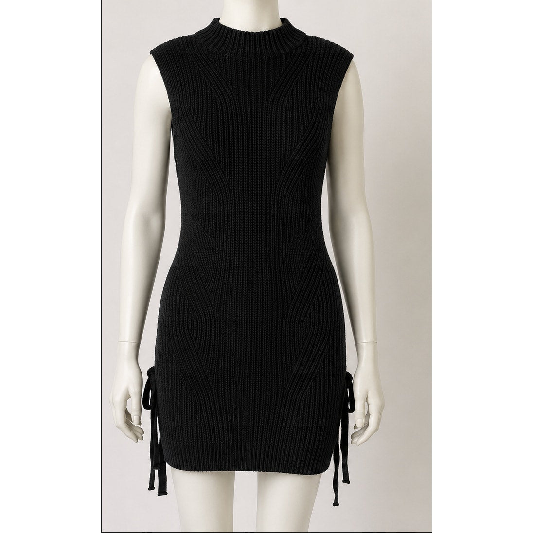 Monteau Black Sleeveless Ribbed Sweater Mini Dress Side Grommet Tie-Lace Up S