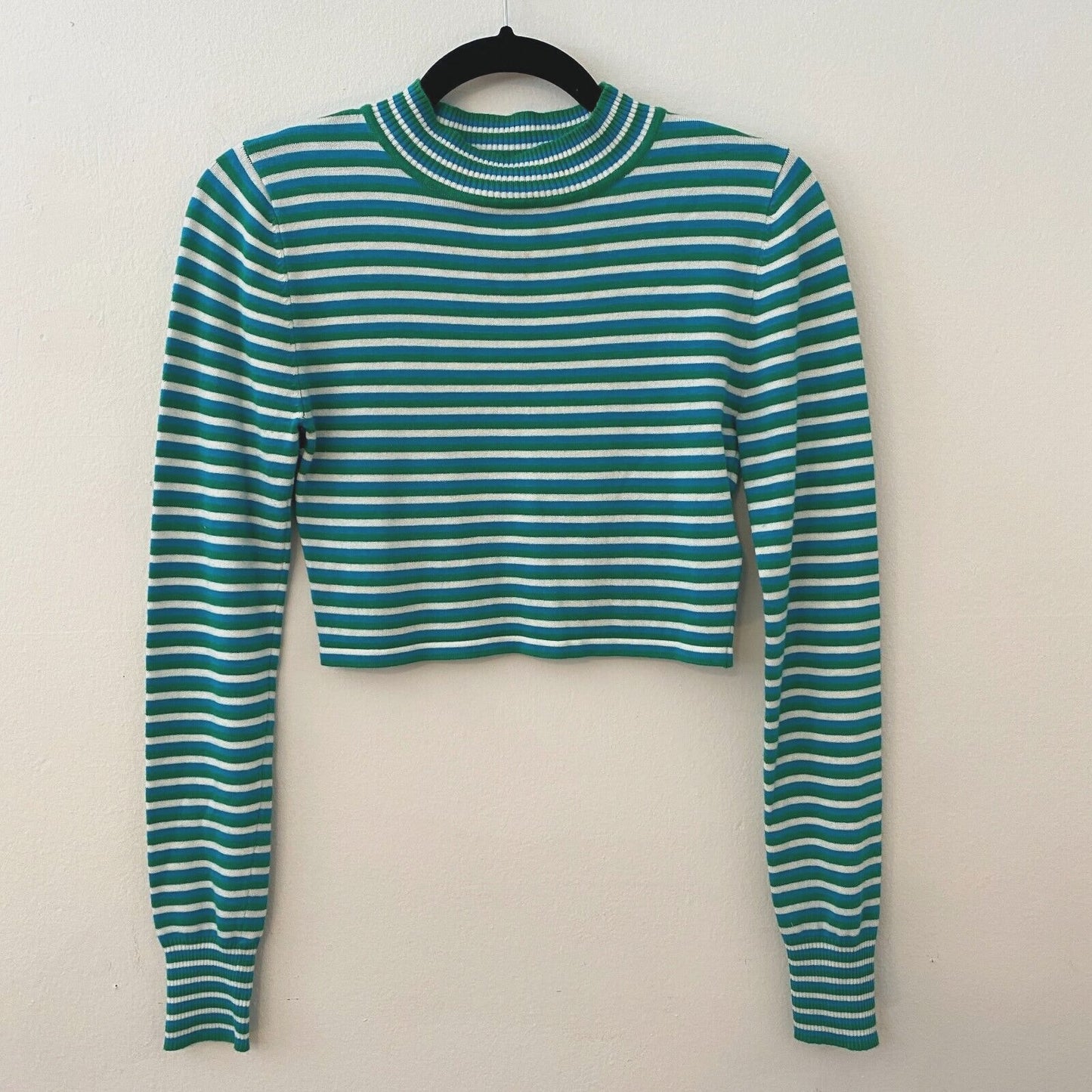 Silence + Noise Blue Green Striped Cropped Mock Long Sleeve Knit Top S