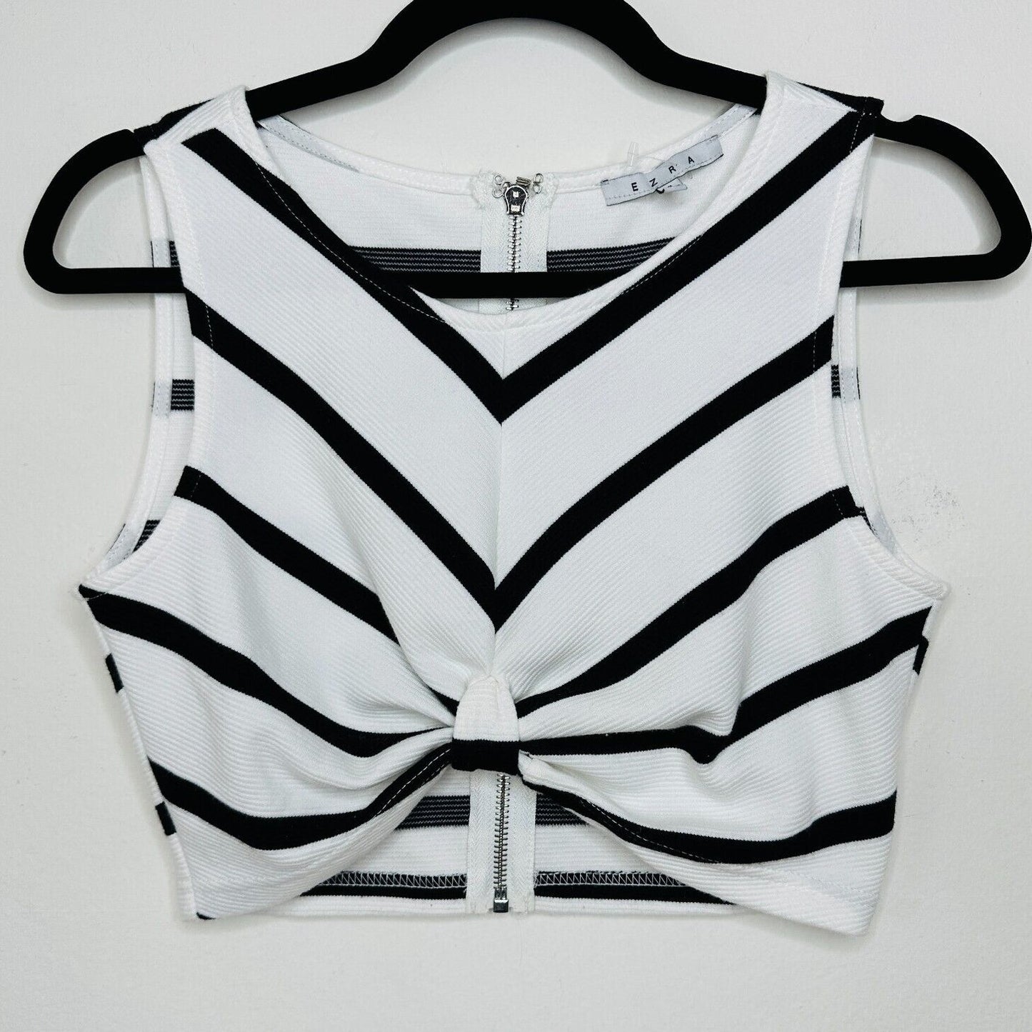 Ezra Black & White Striped Sleeveless V-Neck Crop Gathered Front Knot Back Zip S