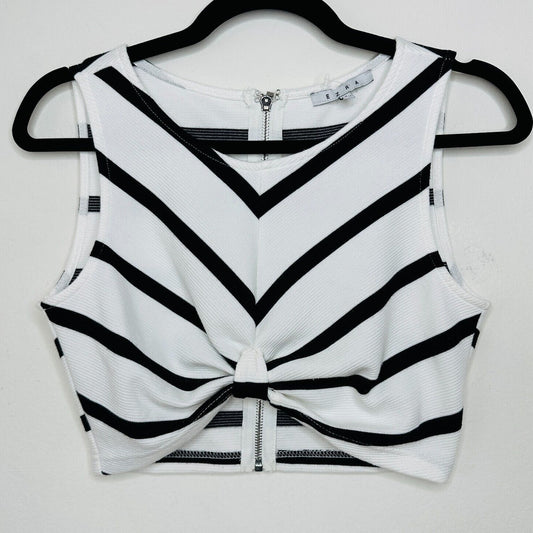 Ezra Black & White Striped Sleeveless V-Neck Crop Gathered Front Knot Back Zip S