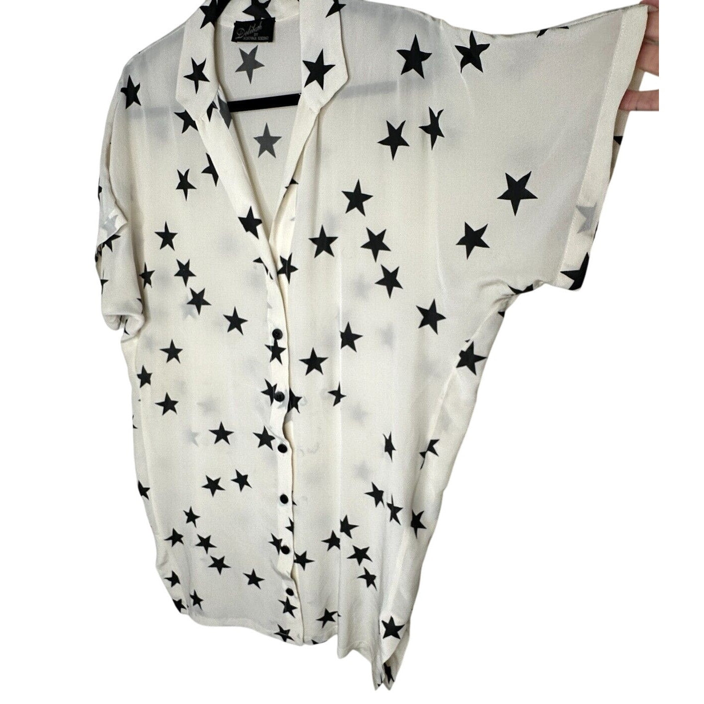 Ninivah Khomo Sheer Cream and Black Star Button Front Short Sleeve Tunic Top OS