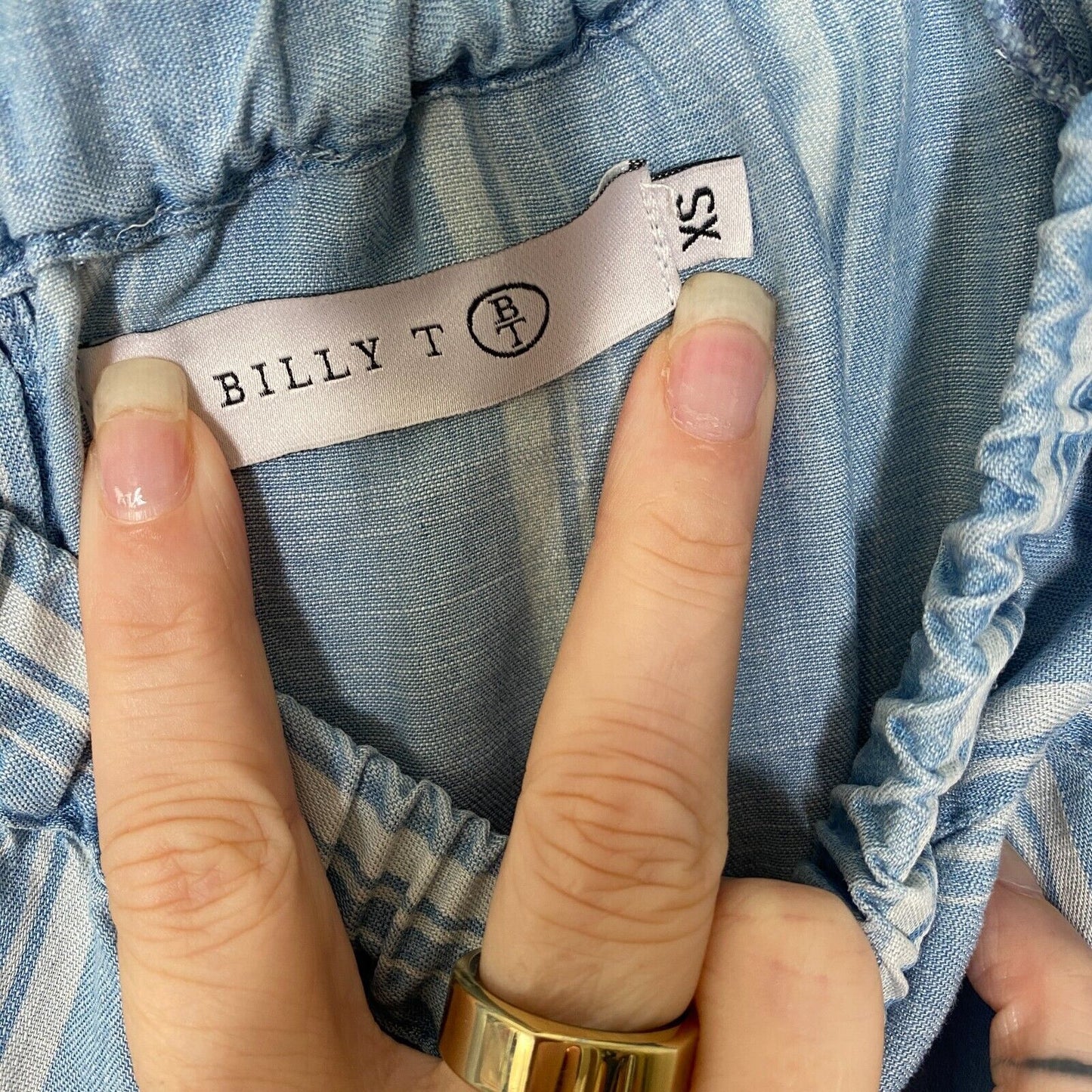 Billy T Blue & White Stripe Linen Off Shoulder 3/4 Tie-Sleeve Back Button Top XS