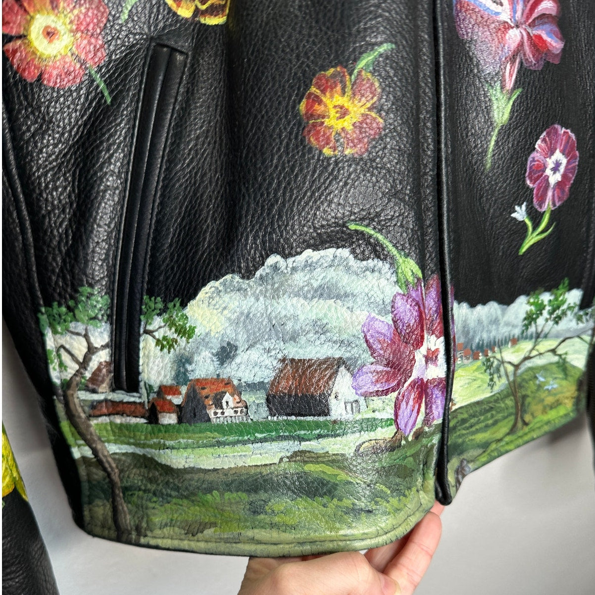 Libertine Hand-Painted Floral Skull Black Leather Moto Jacket M