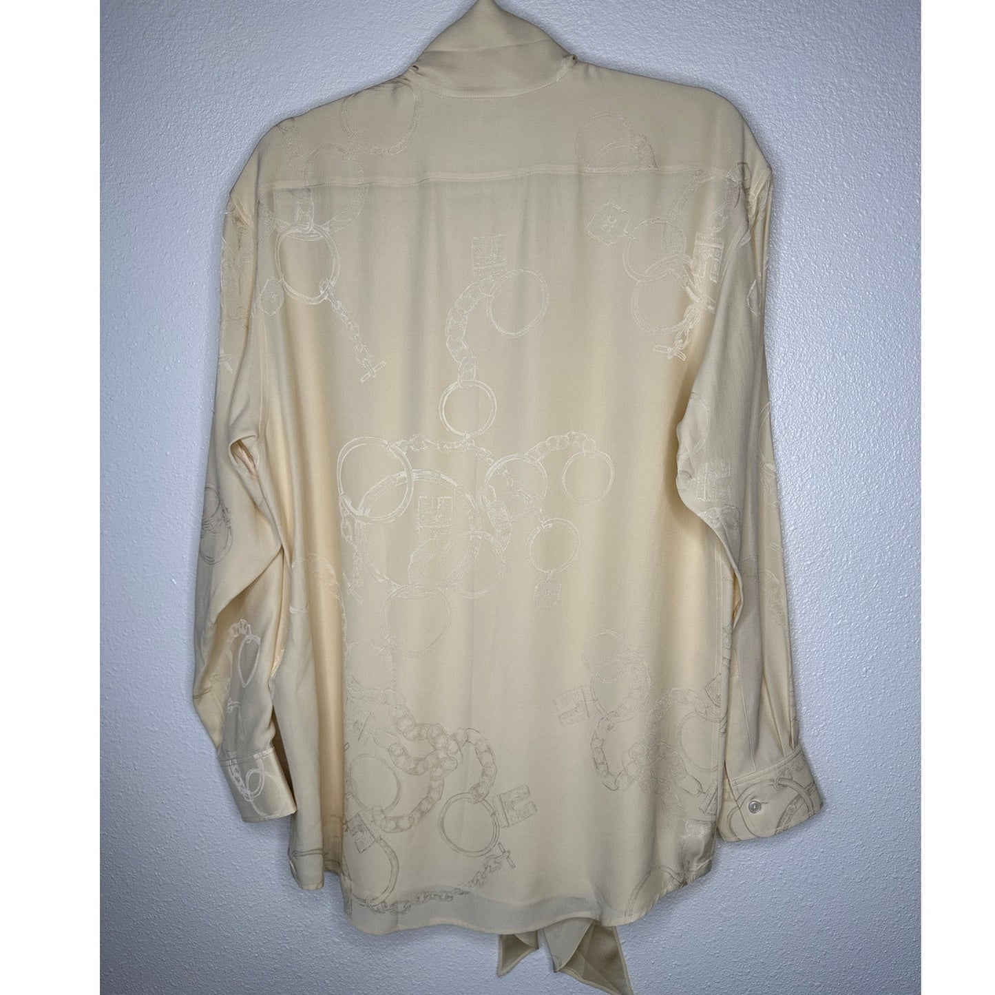 NWT Celine Pale Yellow Chemise Boyfriend Lavallieri Silk Chain Blouse 40 / L