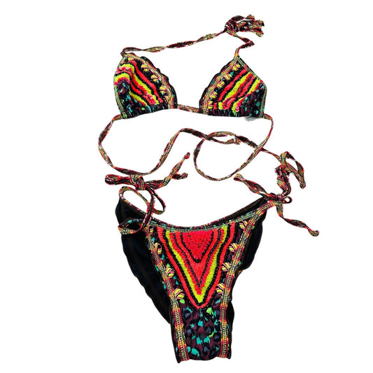 Agua Bendita Pink Multi-Color Stripe Sequin Ruffle Bikini Top & Bottom S
