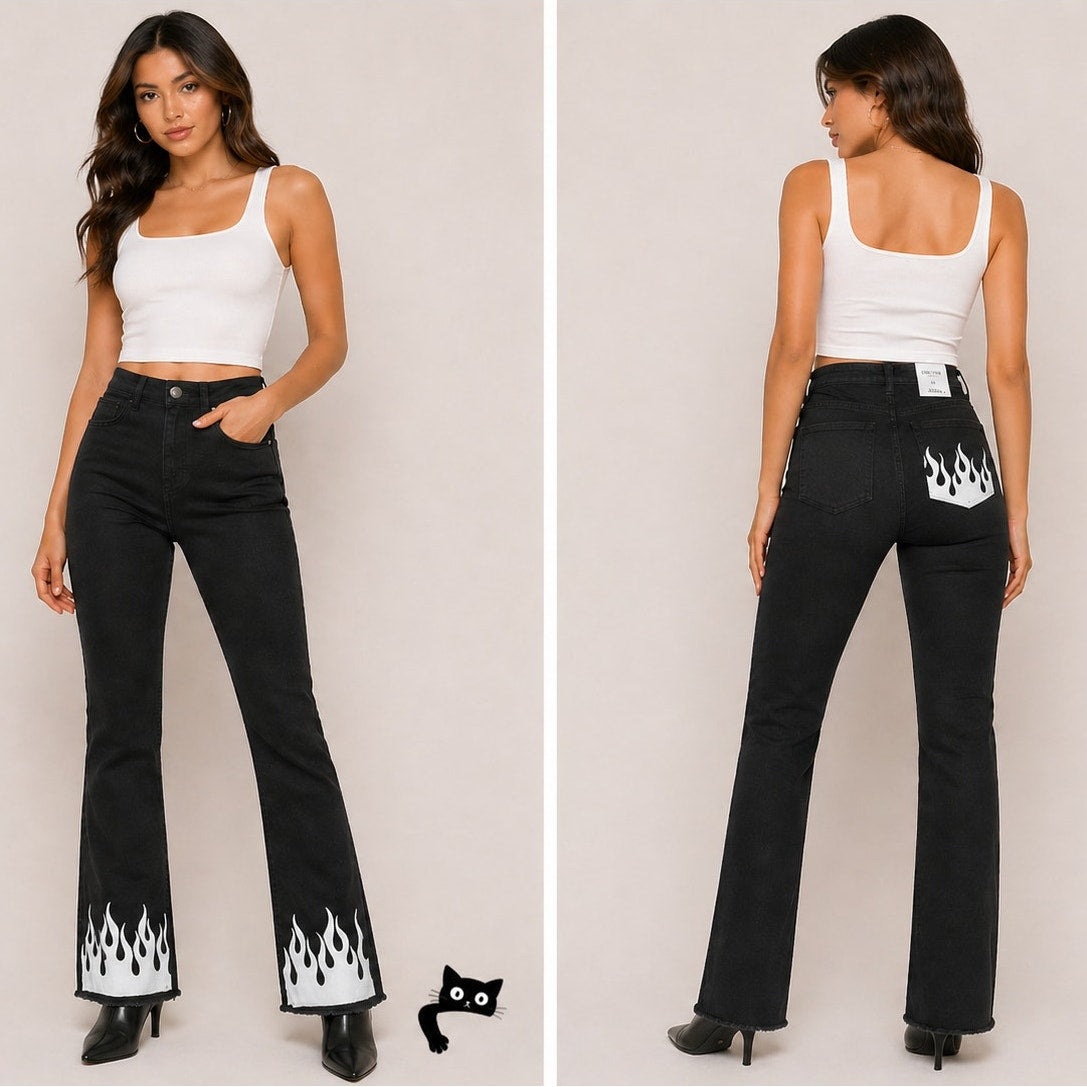 NWT Subdued Black Crop Flare Button Fly Raw Hem Front and Pocket White Flames 26
