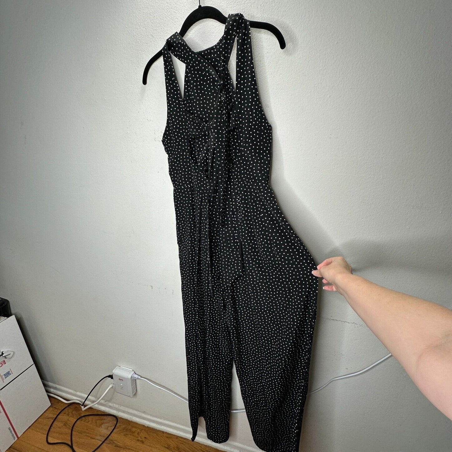 Audrey Halterneck Black White Polka Dot Open Tie Back Pleat Wide Leg Jumpsuit S