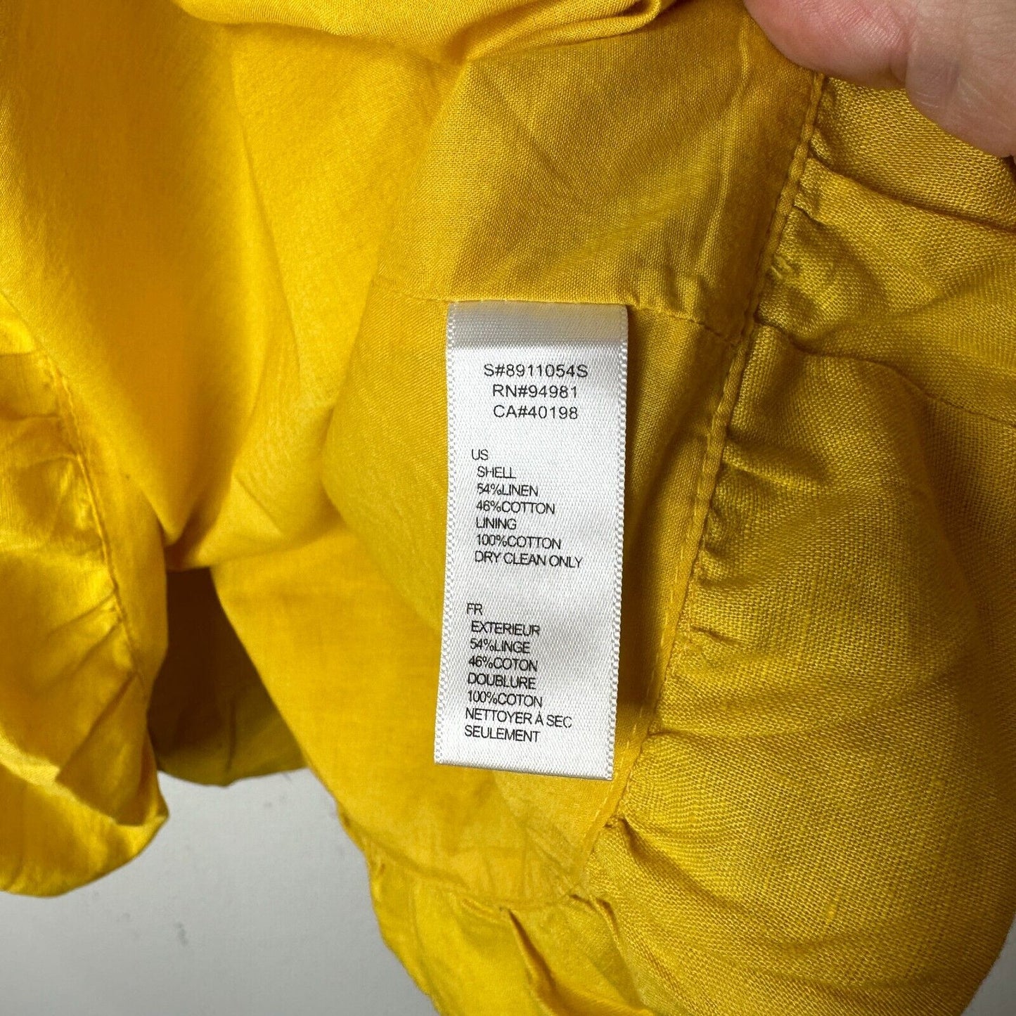 Yellow Linen Sleeveless Blouson Blouse Mini Dress Bead Bow Tie Front S