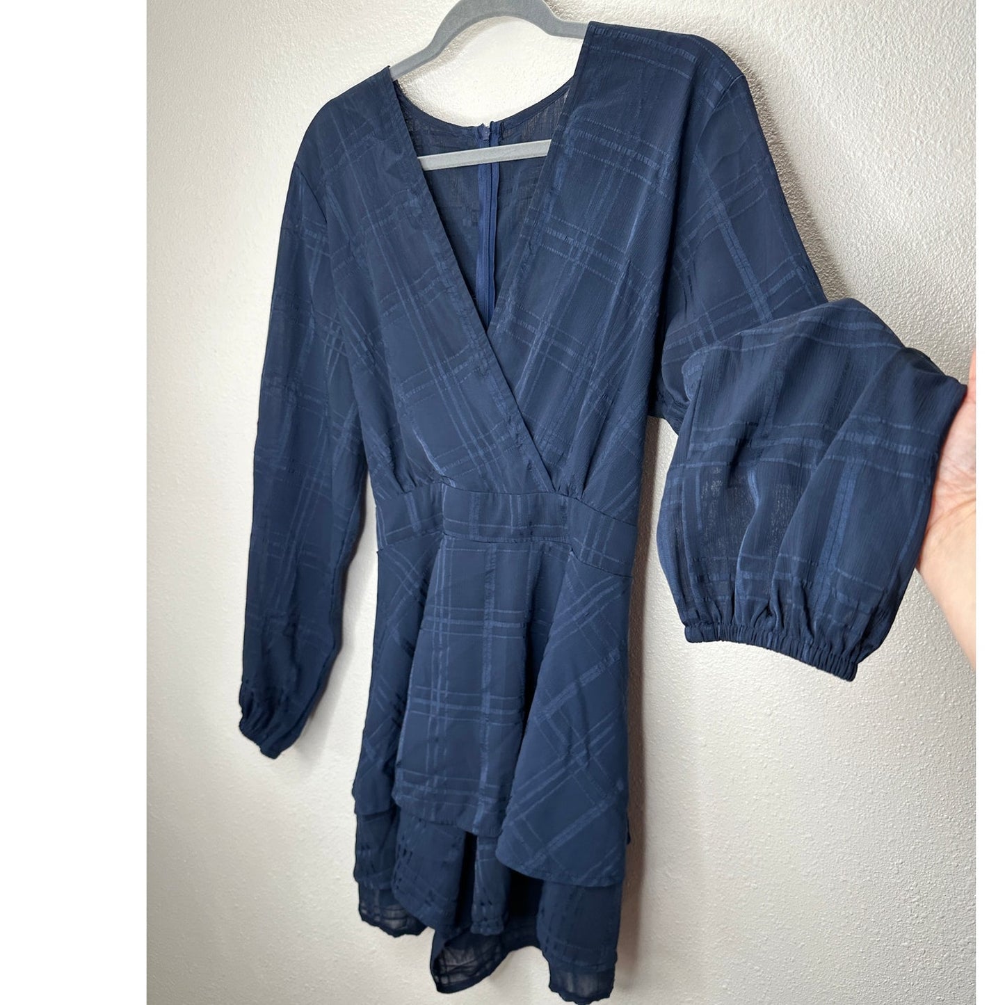 Navy Fit & Flare Sheer Plaid Faux Wrap V-Neck Romper Tie Waist XL
