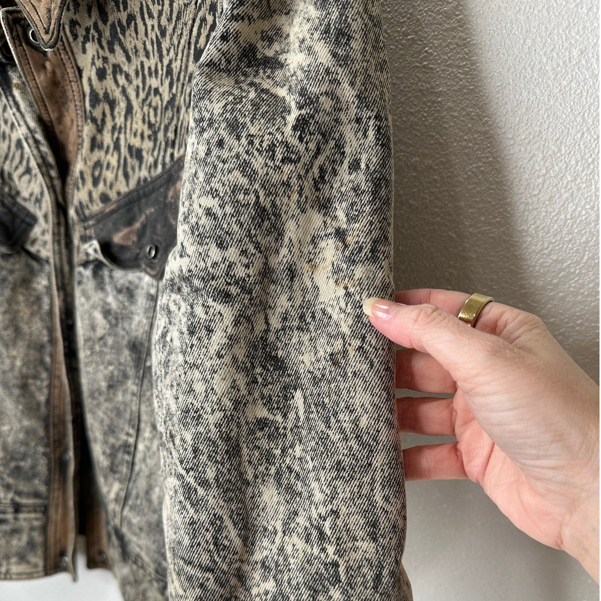 Winlit Vintage Tan Black Suede & Denim Acid Wash Animal Print Biker Jacket S