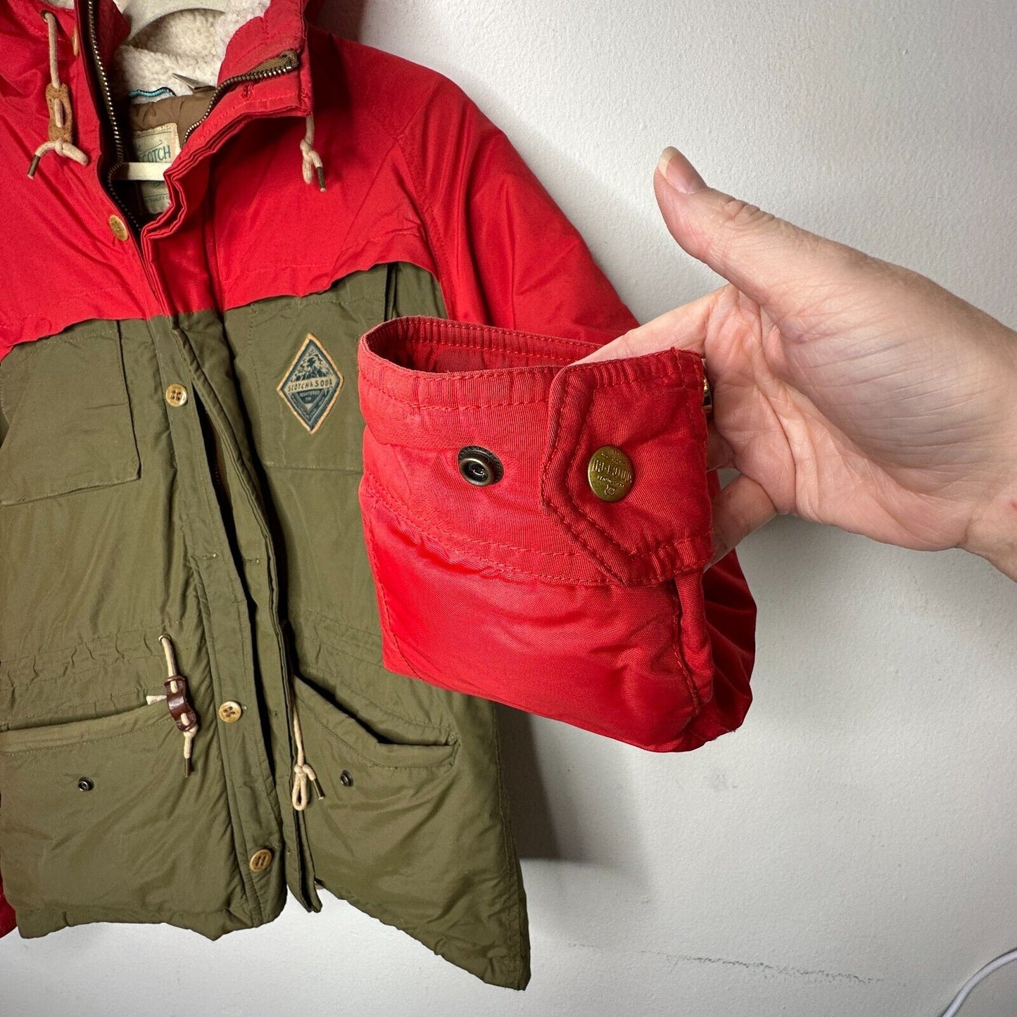 Scotch & Soda Olive Green & Red Front Zip Button Hooded Heavyweight Jacket M