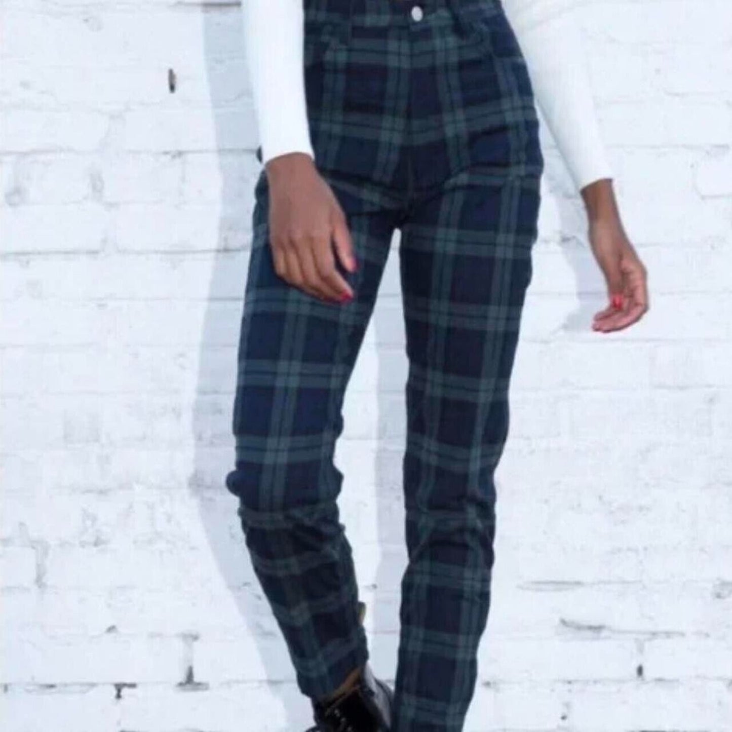Brandy Melville John Galt Blue Green Plaid High Waist Zip Button Trouser Pant SM