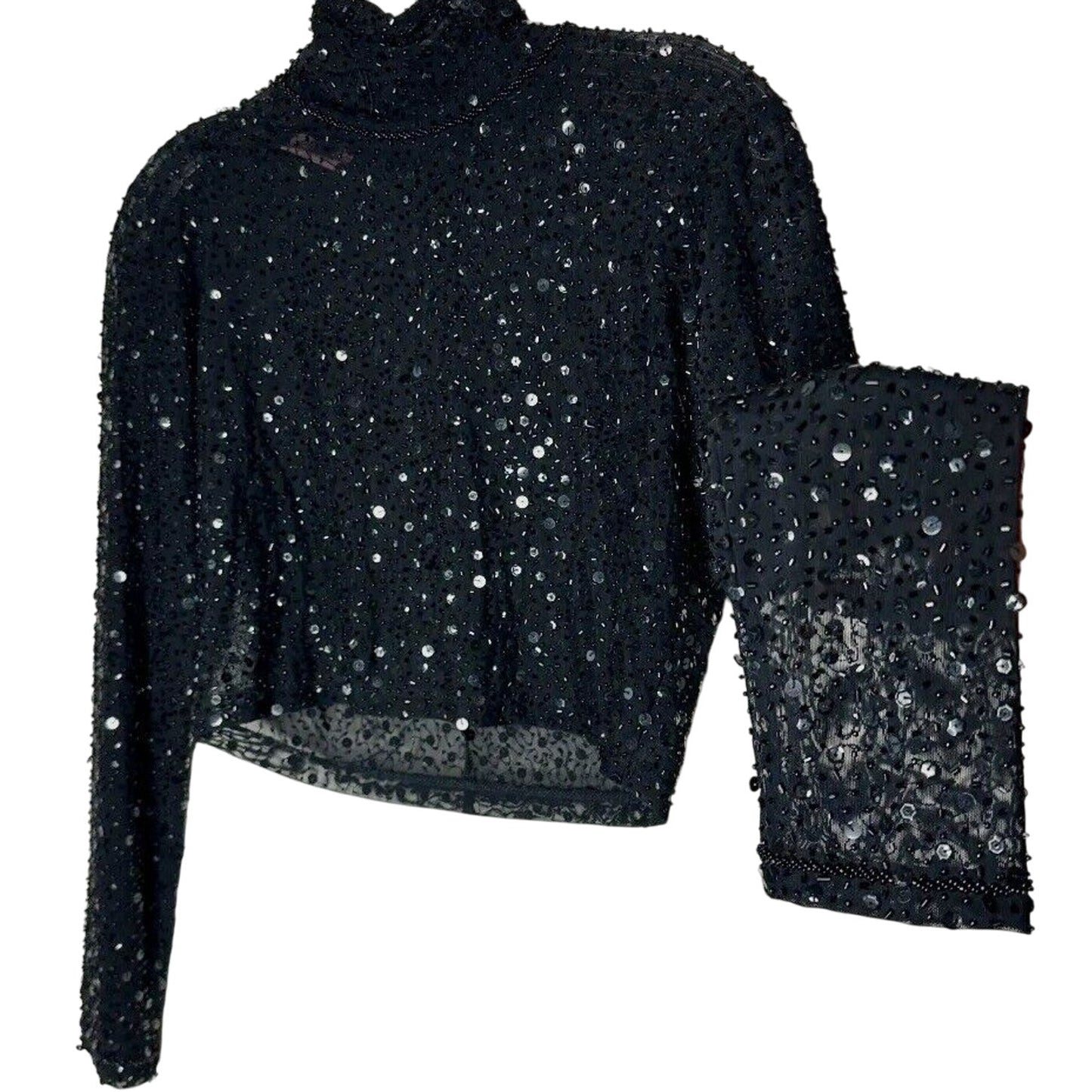 Dyspnea Sheer Black Sequin Mesh Mock Neck Long Sleeve Crop Top Hand Beaded Small