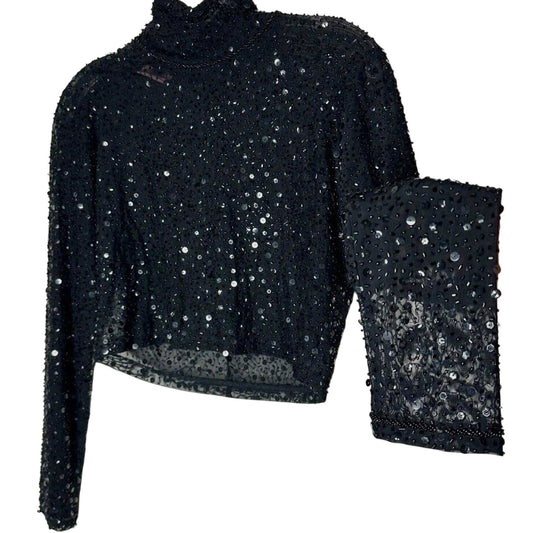 Dyspnea Sheer Black Sequin Mesh Mock Neck Long Sleeve Crop Top Hand Beaded Small